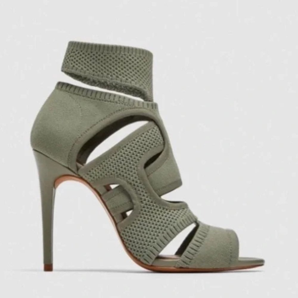Zara Womens Sage Green‎ Knit Stiletto Cage Peep Toe Heels Ankle Booties Shooties